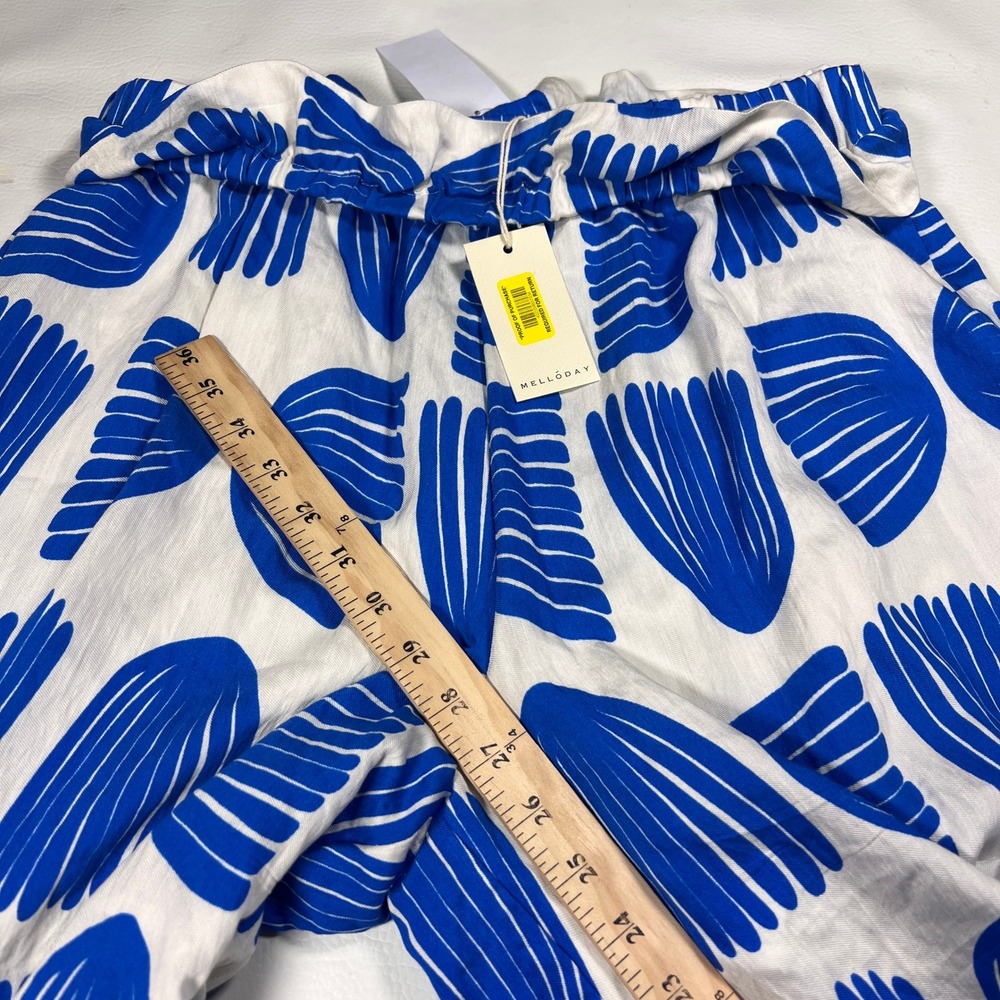 Melloday Wide Leg Pants Womens Large Blue White Shell Print Paperbag Waist NEW - Picture 6 of 10